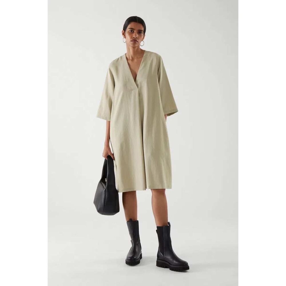 COS Womens V-Neck Oversized Tunic Dress Beige Khaki Size 14 Midi Pocketed